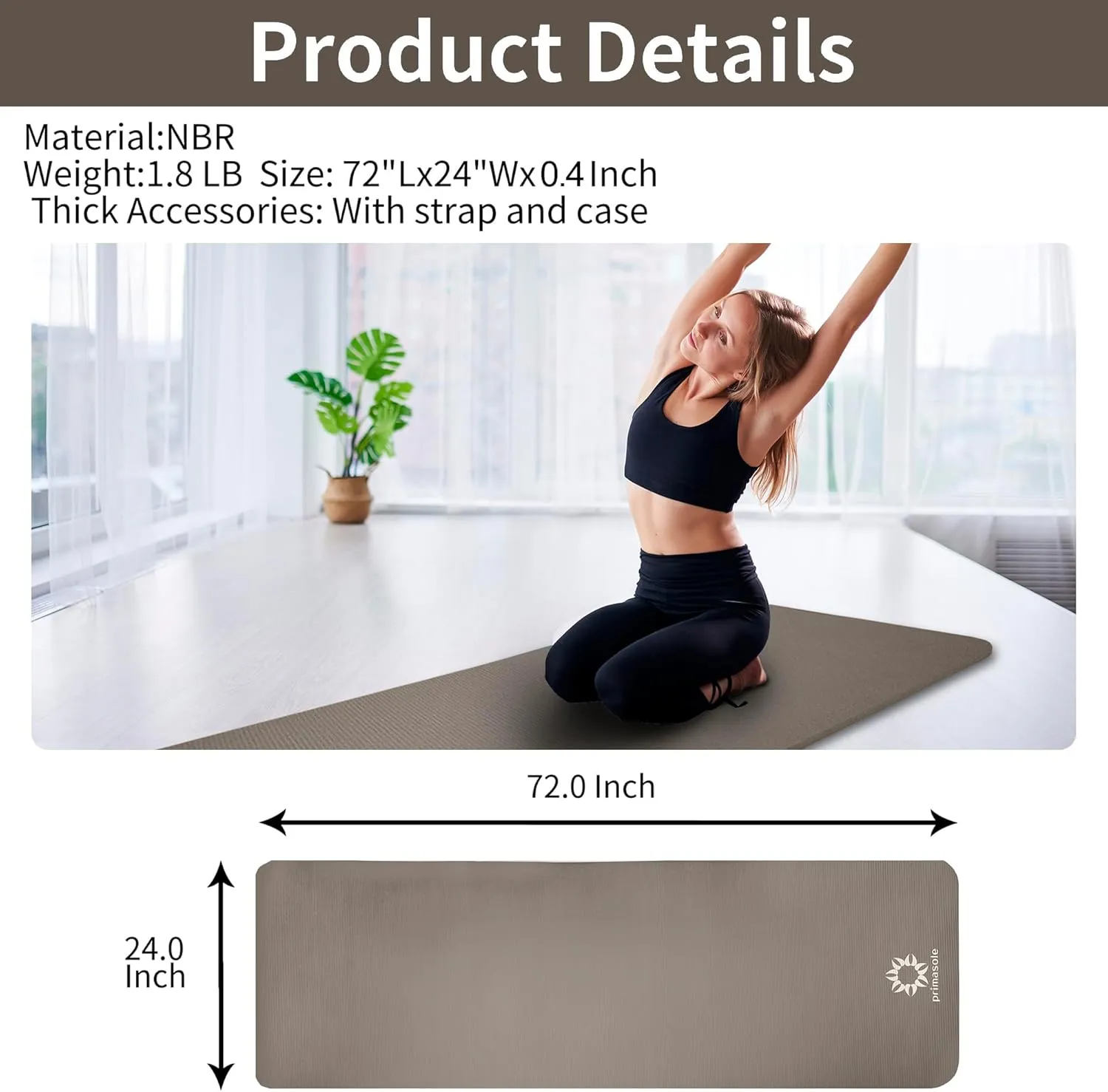 1/2 Thick Exercise Mat with Carry Strap & Case Mat for Yoga Pilates Fitness at Home and Gym 72" L x 24" W