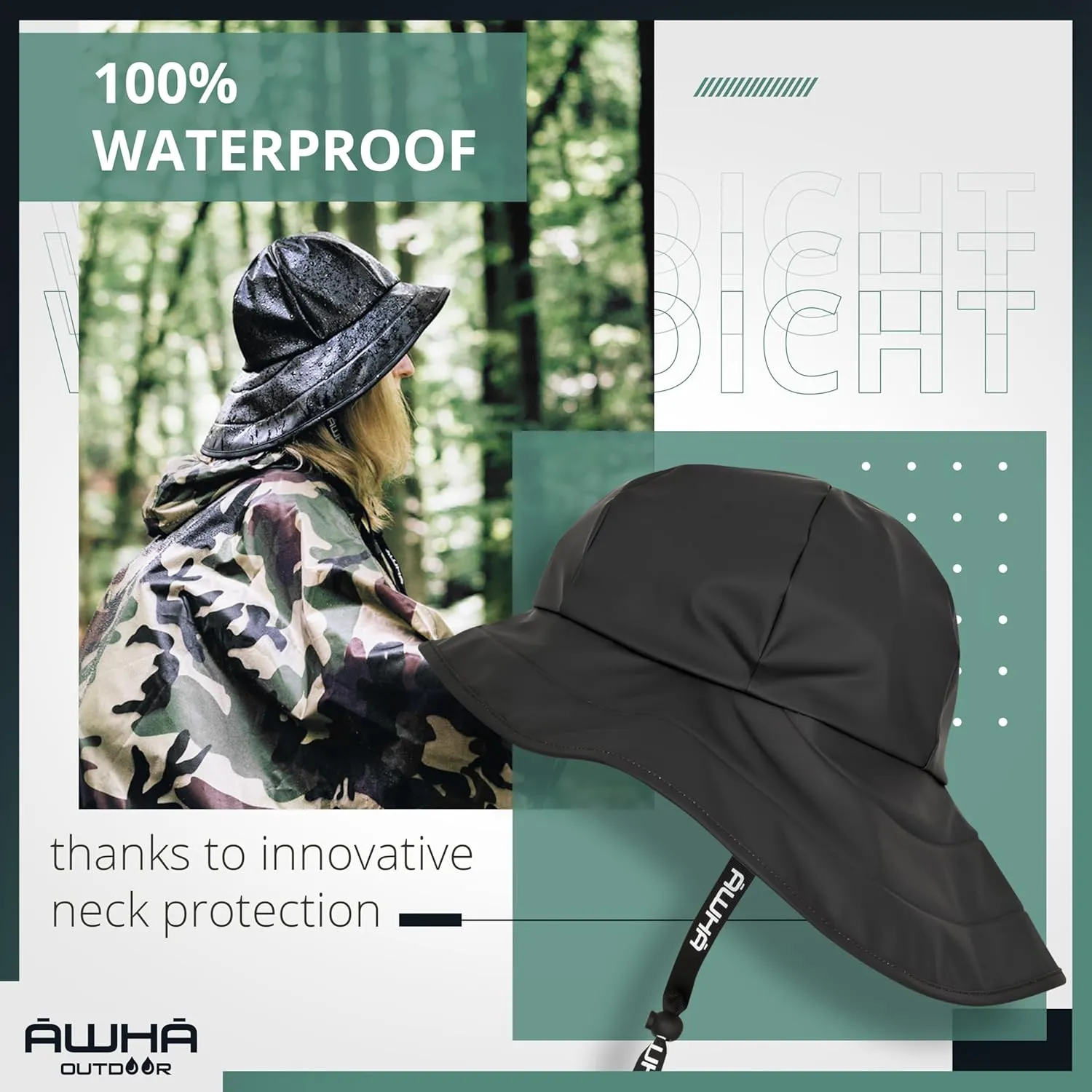 AWHA Souwester, Rain Hat - Waterproof Cap with Wide Brim and Earflaps