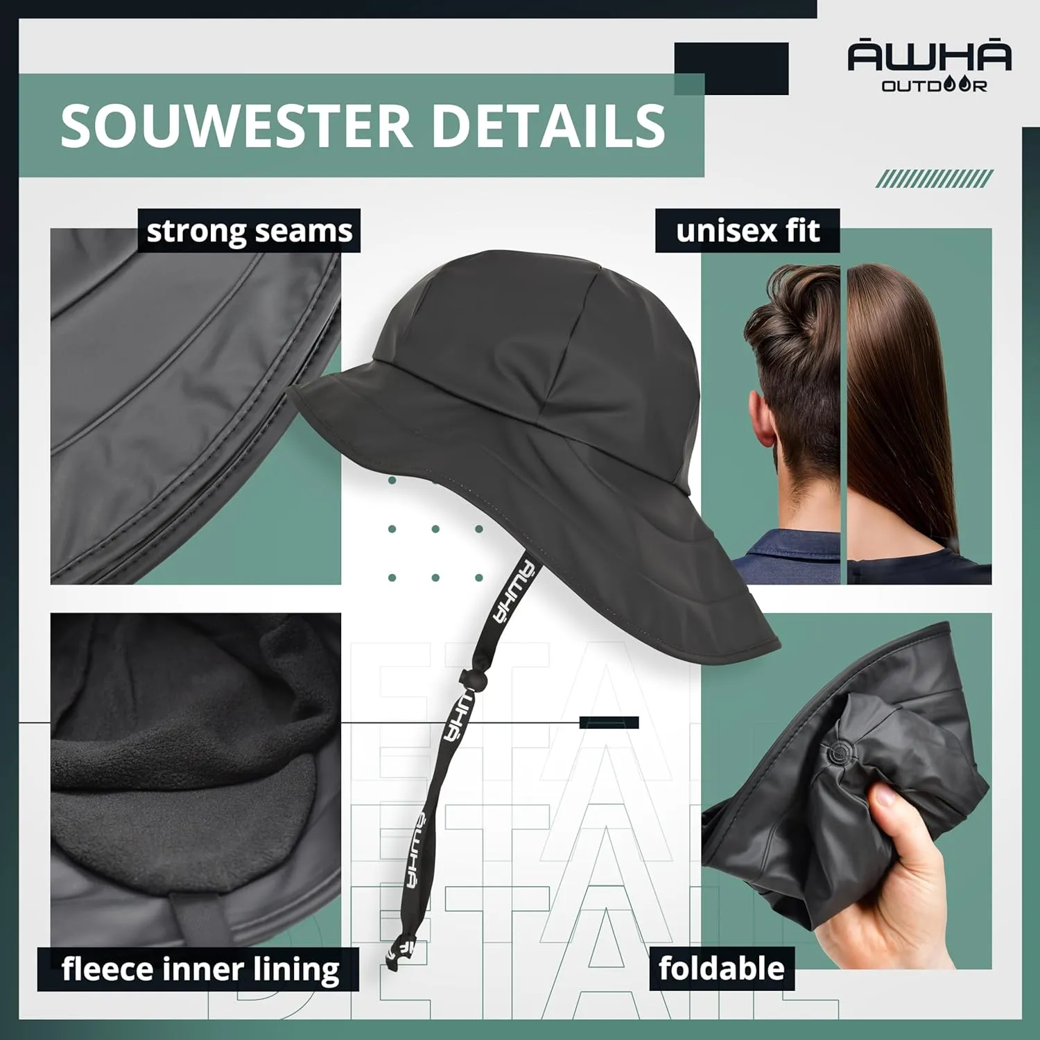 AWHA Souwester, Rain Hat - Waterproof Cap with Wide Brim and Earflaps