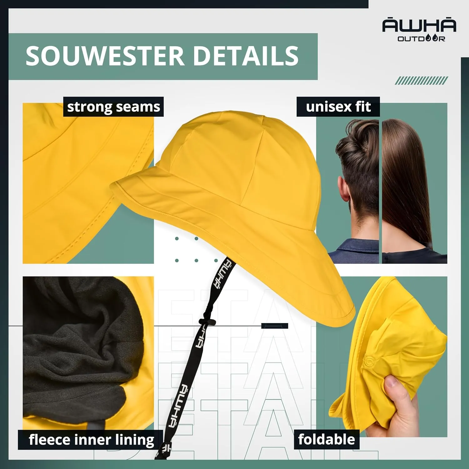 AWHA Souwester, Rain Hat - Waterproof Cap with Wide Brim and Earflaps