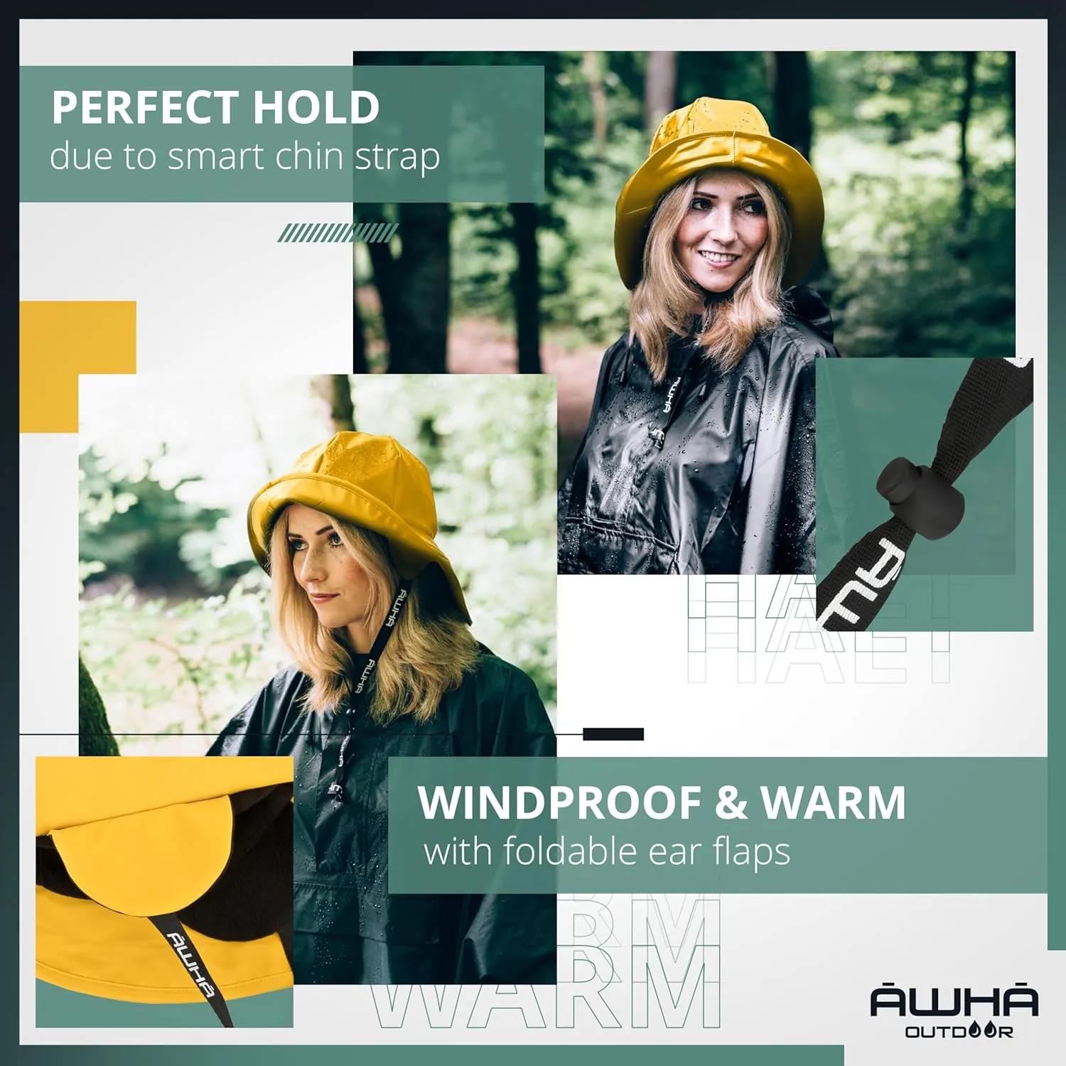 AWHA Souwester, Rain Hat - Waterproof Cap with Wide Brim and Earflaps