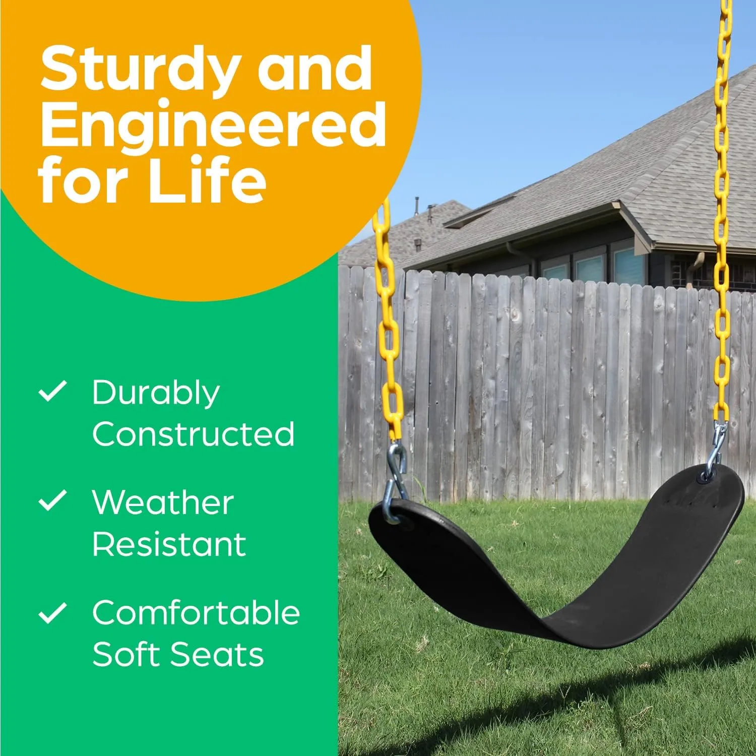 Jungle Gym Kingdom Swings for Outdoor Swing Set - Pack of 2 Swing Seat Replacement Kits with Heavy Duty Chains - Backyard Swingset Playground Accessories for Kids (Black)