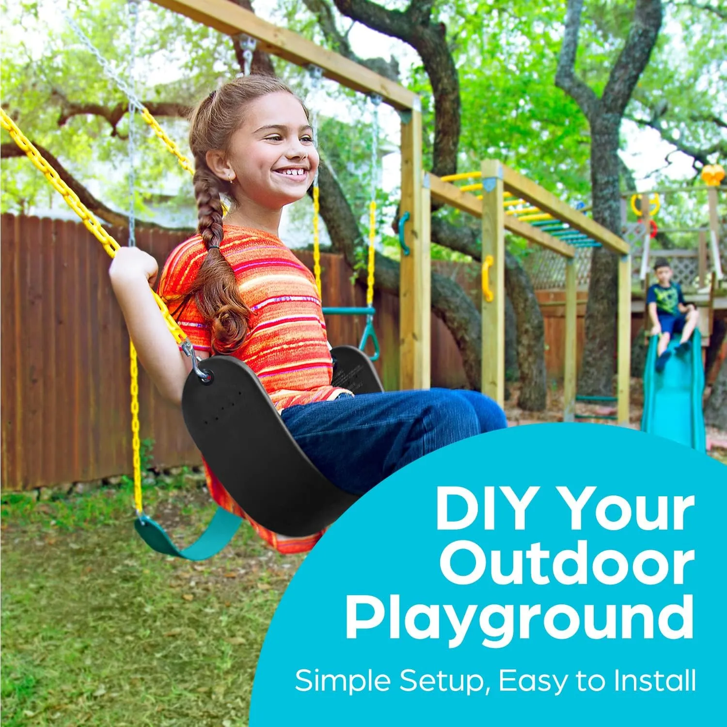 Jungle Gym Kingdom Swings for Outdoor Swing Set - Pack of 2 Swing Seat Replacement Kits with Heavy Duty Chains - Backyard Swingset Playground Accessories for Kids (Black)
