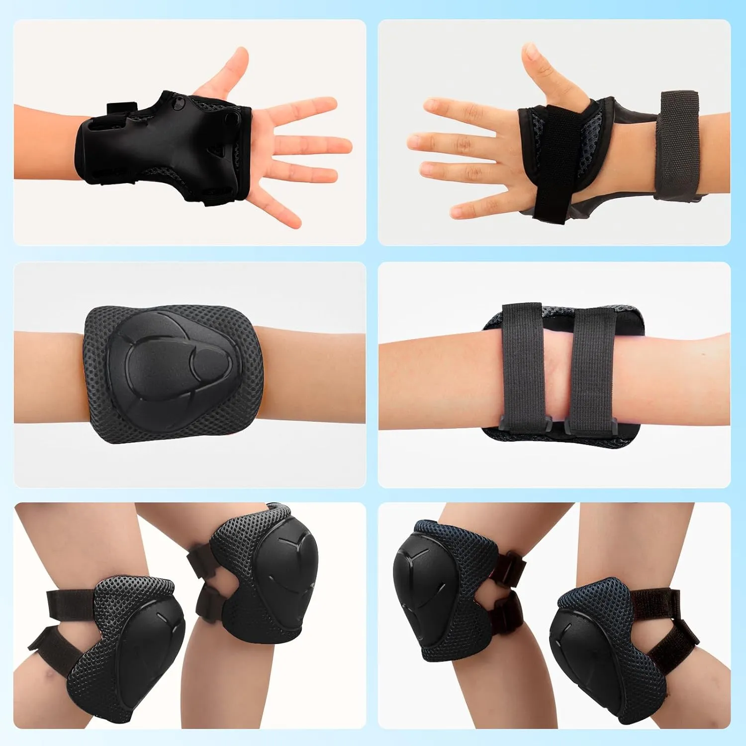 Kids Protective Gear Set - Knee Pads Elbow Pads with Wrist Guards for Ages 3-12 | 3-in-1 Safety Protective Gear for Skating, Cycling, Biking, Roller Skates, Scooters (Black, M(8-12Years))