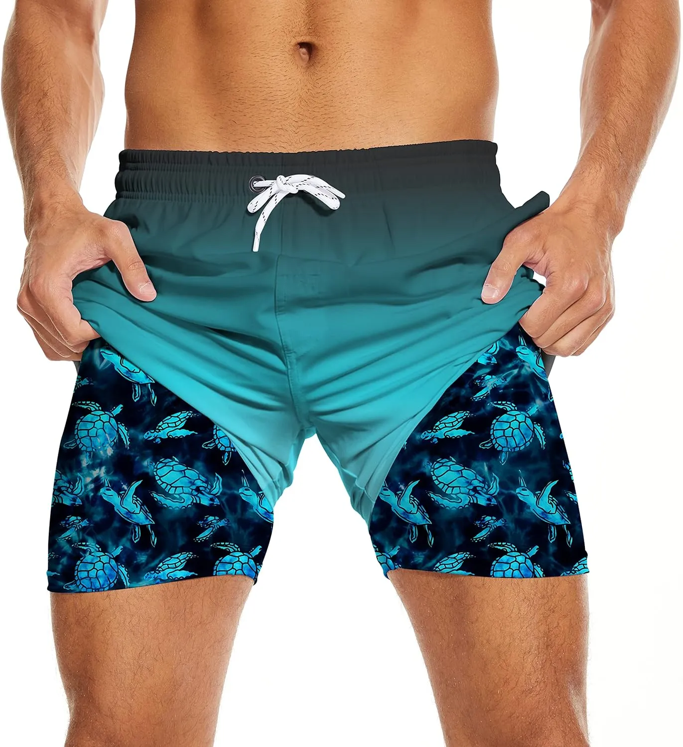 Mens Swim Trunks with Compression Liner 7" Bathing Suit Swimming Shorts Quick Dry Board Shorts Swimsuits with Pockets