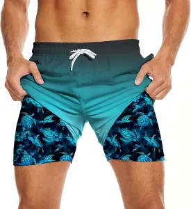 Mens Swim Trunks with Compression Liner 7" Bathing Suit Swimming Shorts Quick Dry Board Shorts Swimsuits with Pockets