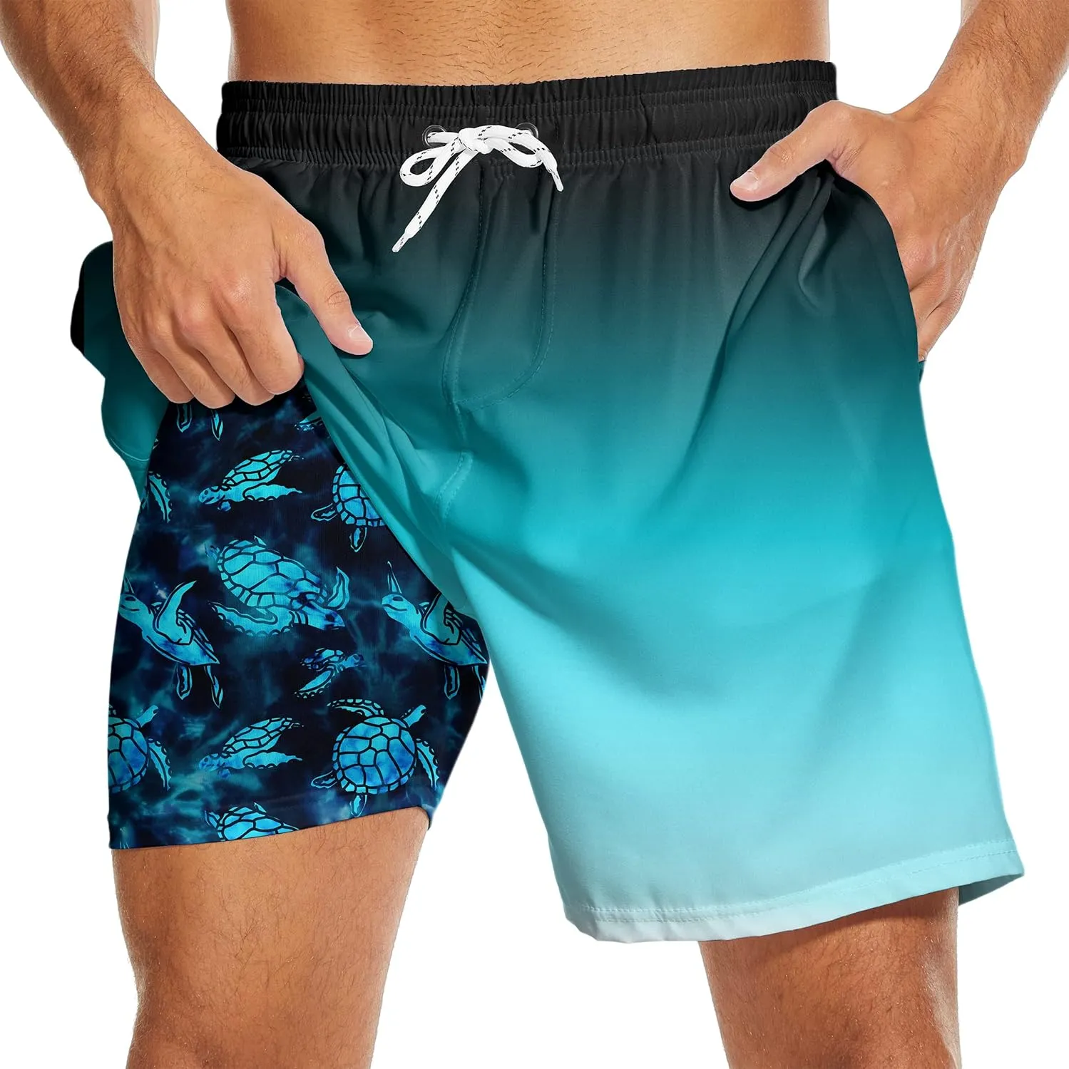 Mens Swim Trunks with Compression Liner 7" Bathing Suit Swimming Shorts Quick Dry Board Shorts Swimsuits with Pockets