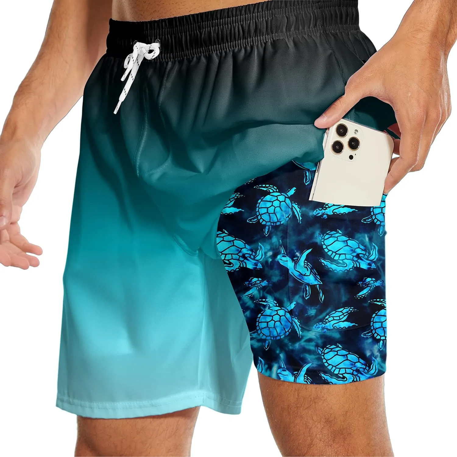 Mens Swim Trunks with Compression Liner 7" Bathing Suit Swimming Shorts Quick Dry Board Shorts Swimsuits with Pockets