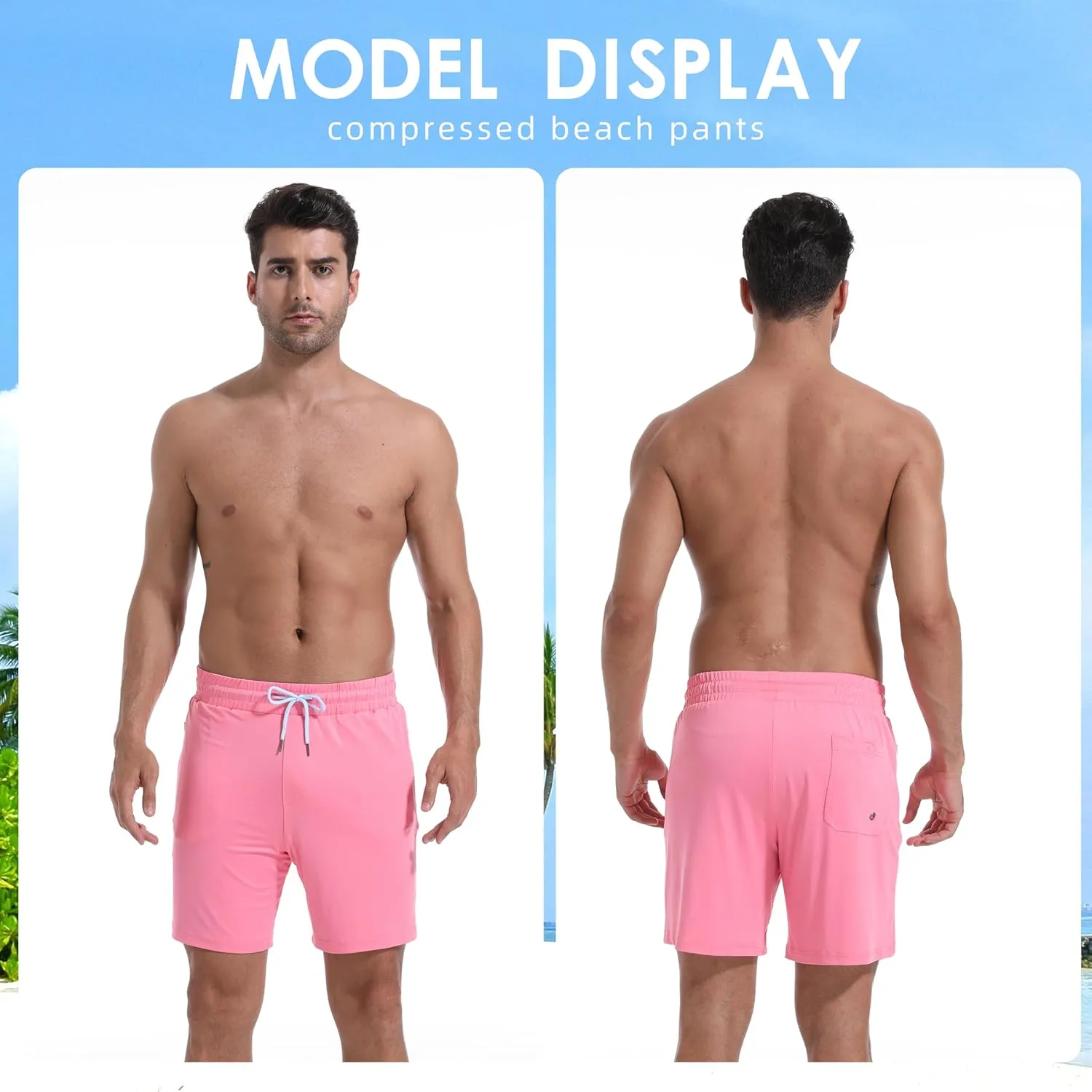 Mens Swim Trunks with Compression Liner 7" Board Shorts with Zipper Pockets 2 in 1 Quick Dry Bathing Suits
