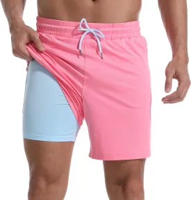 Mens Swim Trunks with Compression Liner 7" Board Shorts with Zipper Pockets 2 in 1 Quick Dry Bathing Suits