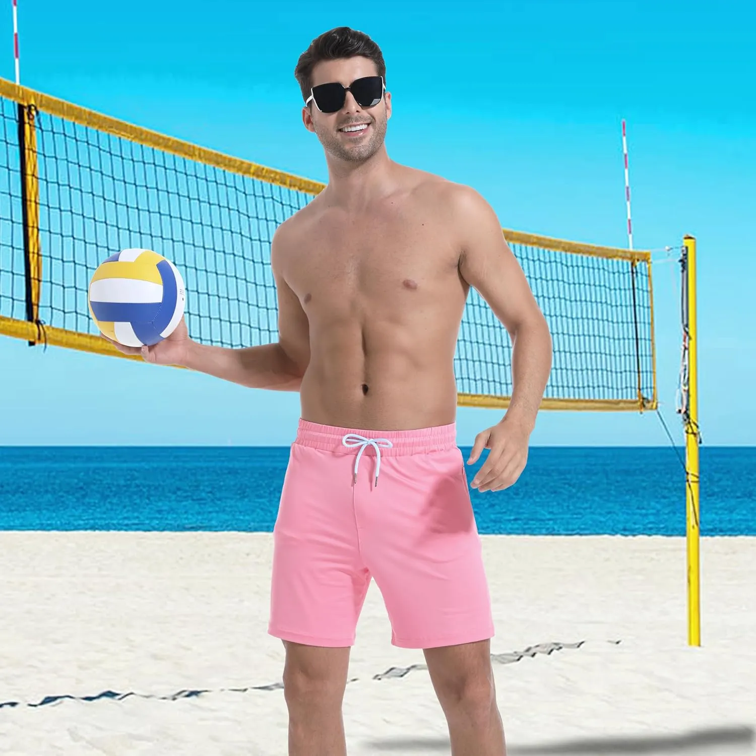 Mens Swim Trunks with Compression Liner 7" Board Shorts with Zipper Pockets 2 in 1 Quick Dry Bathing Suits