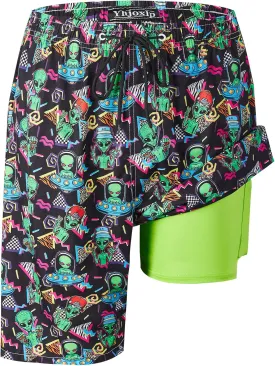 Mens Swim Trunks with Compression Liner 9" Stretch Board Shorts 2 in 1 Quick Dry Swimsuits Bathing Suits