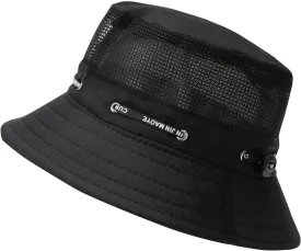 Mesh Breathable Bucket Hats for Mens Drawstring Sun Hat Summer Beach Cap Fisherman Hat Lightweight Fashion Outdoor Beach Fishing Sun Protection Foldable (Black One Size)
