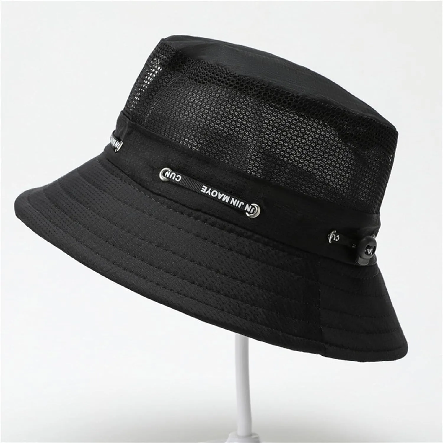 Mesh Breathable Bucket Hats for Mens Drawstring Sun Hat Summer Beach Cap Fisherman Hat Lightweight Fashion Outdoor Beach Fishing Sun Protection Foldable (Black One Size)