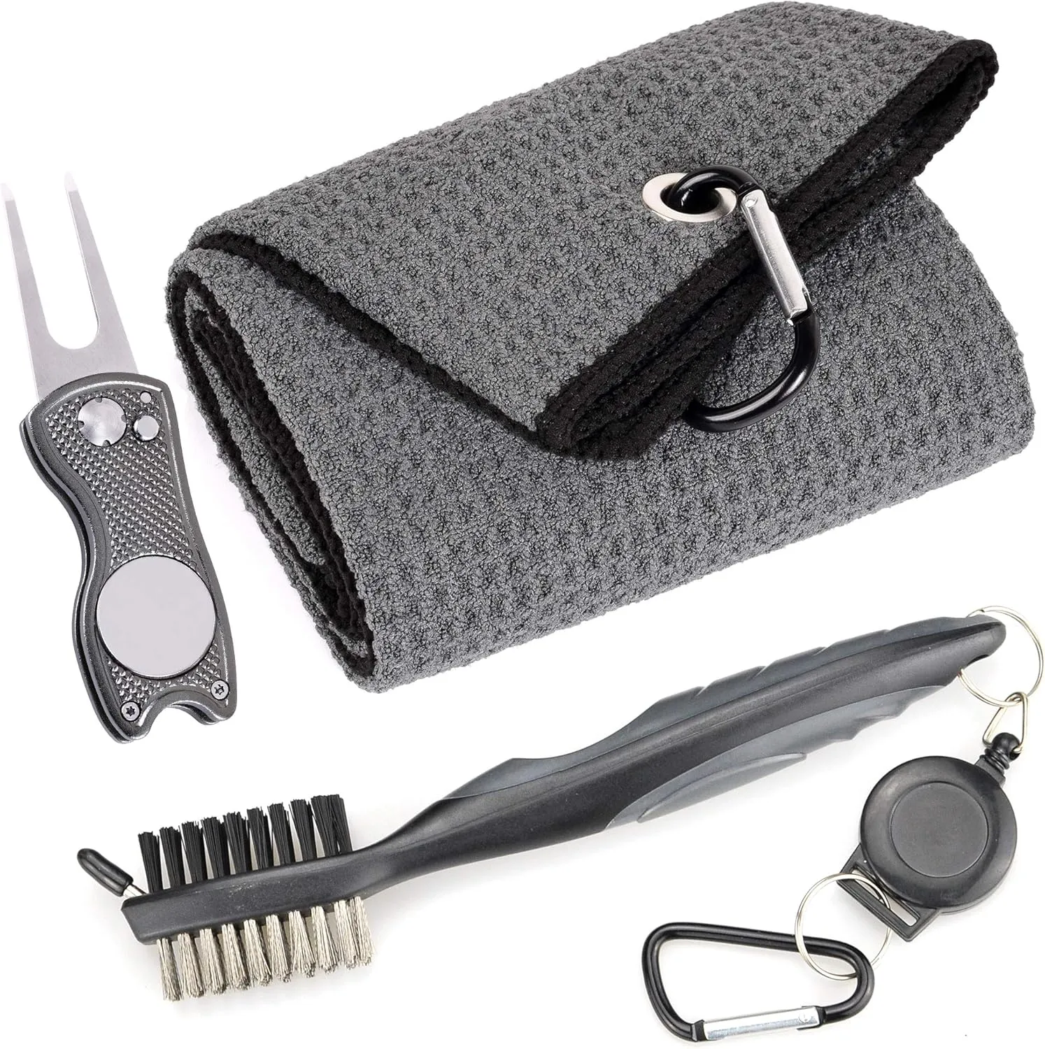 Mile High Life Microfiber Waffle Pattern Golf Towel | Club Groove Cleaner Brush | Foldable Divot Tool with Magnetic Ball Marker (Dark Gray Towel/Brush/Fish Divot)