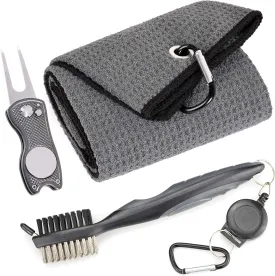 Mile High Life Microfiber Waffle Pattern Golf Towel | Club Groove Cleaner Brush | Foldable Divot Tool with Magnetic Ball Marker (Dark Gray Towel/Brush/Fish Divot)