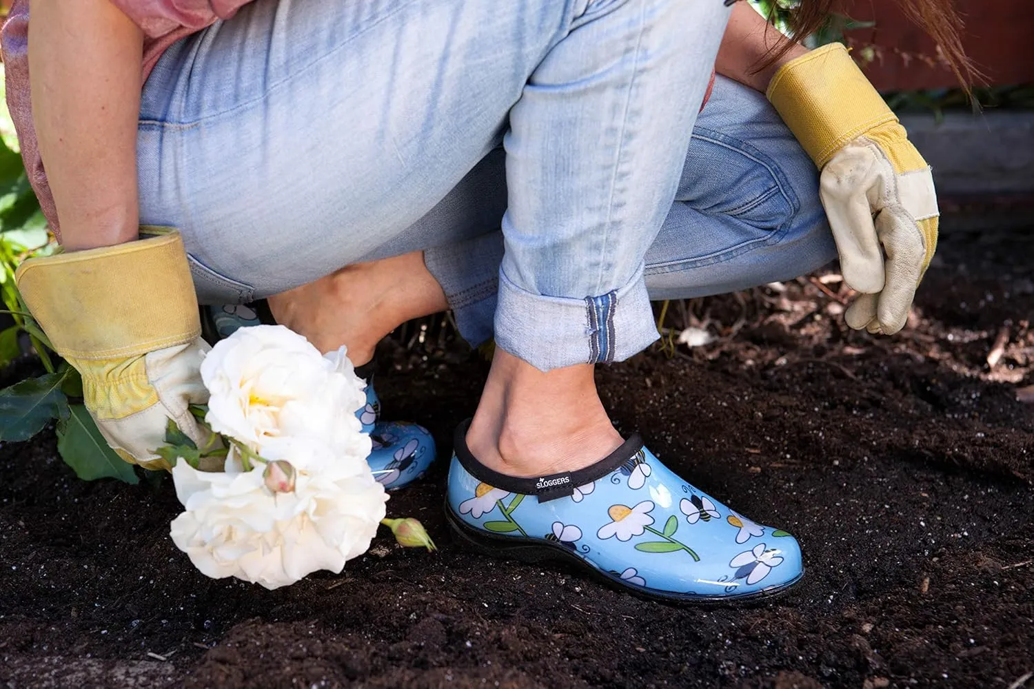 Sloggers Original Waterproof Rain and Garden Shoe for Women Outdoor Slip-On Garden Clog - Made in The USA with Premium Comfort Insole and Arch Support - Lt Blue Bee Print, Size 7