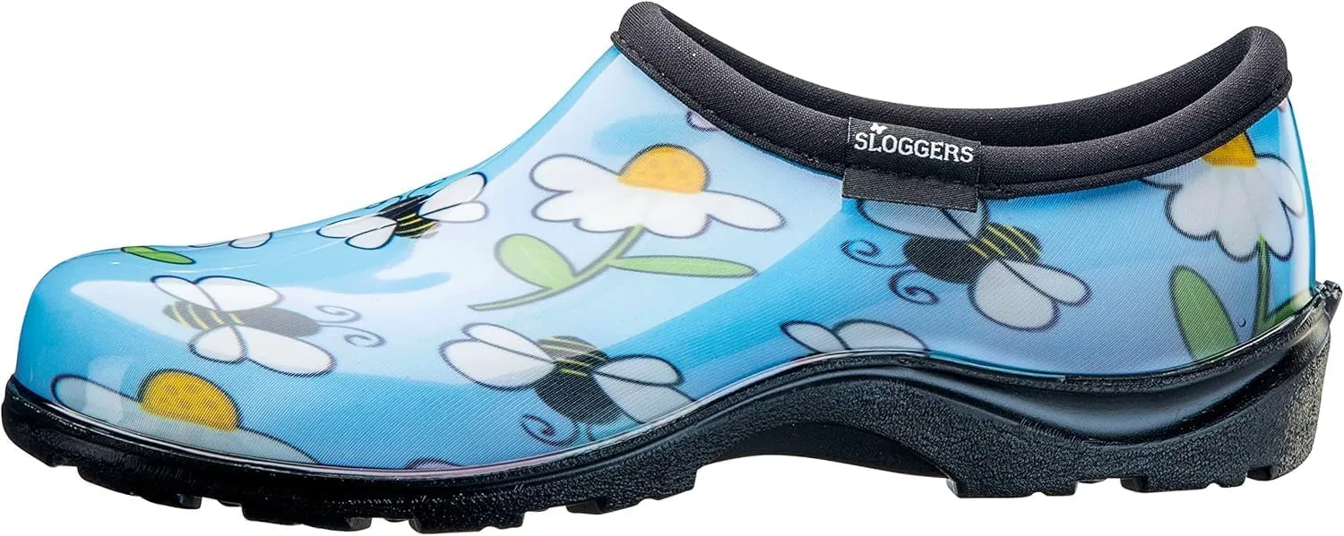 Sloggers Original Waterproof Rain and Garden Shoe for Women Outdoor Slip-On Garden Clog - Made in The USA with Premium Comfort Insole and Arch Support - Lt Blue Bee Print, Size 7