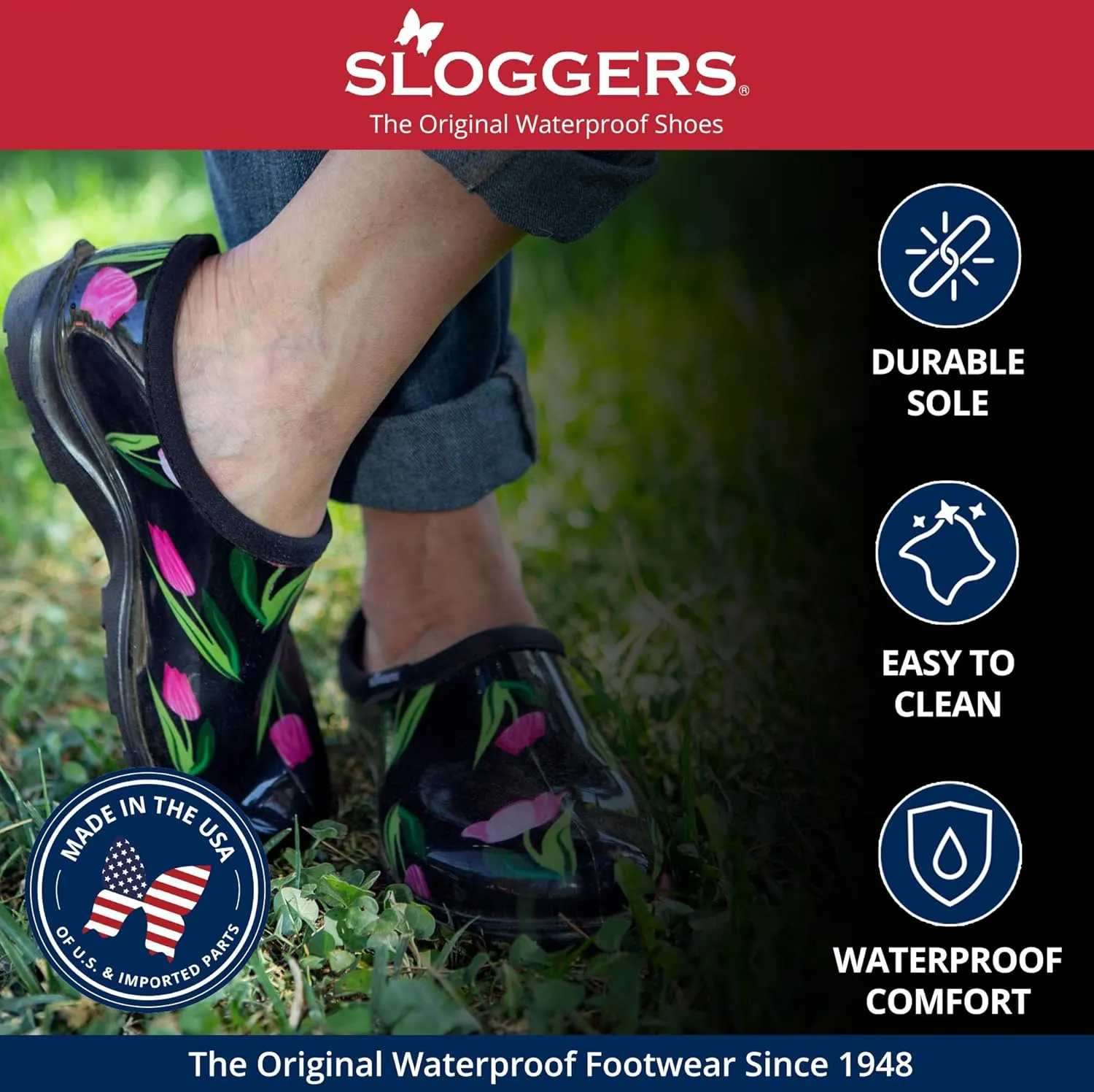 Sloggers Original Waterproof Rain and Garden Shoe for Women Outdoor Slip-On Garden Clog - Made in The USA with Premium Comfort Insole and Arch Support - Lt Blue Bee Print, Size 7