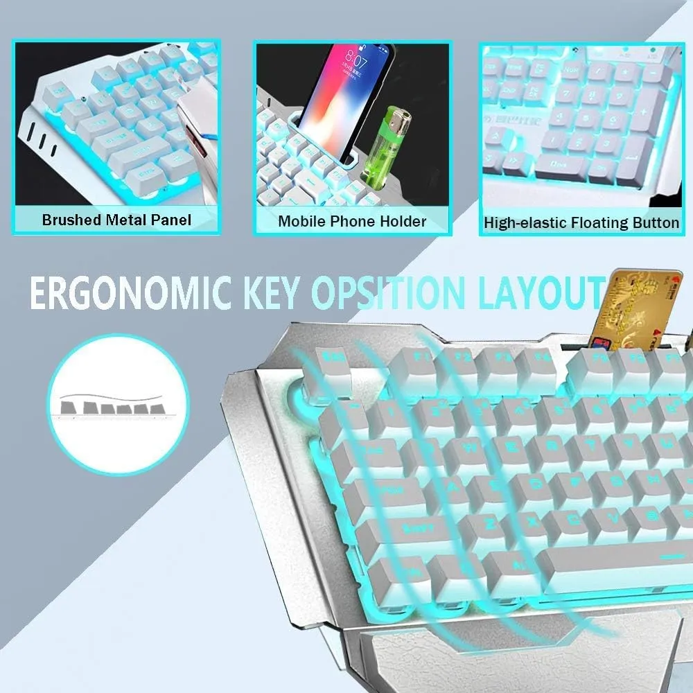 Wireless Keyboard and Mouse, Blue LED Backlit Rechargeable Keyboard with 3800mAh Battery, Metal Panel, Removable Hand Rest Mechanical Feel, 7 Color Gaming Mute Mouse for PC Gamers