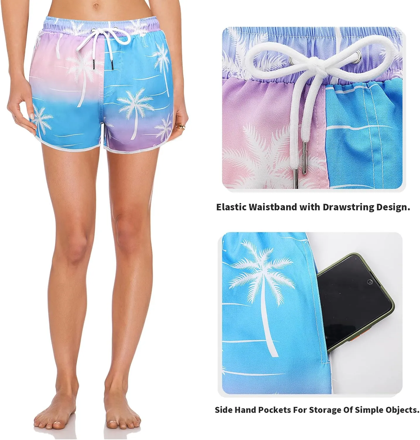 Women's Swim Shorts with Liner Summer Floral Board Shorts with Pockets Drawstring Swimwear Casual Beach Bottoms